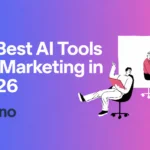 Modern banner showing the 12 best AI tools for marketing in 2026 with a creative workspace illustration and gradient background.