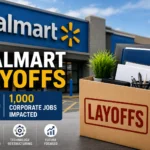 A clean professional graphic featuring the Walmart logo, the word “Layoffs,” and a corporate office box symbolising job cuts during Walmart’s AI and digital restructuring.