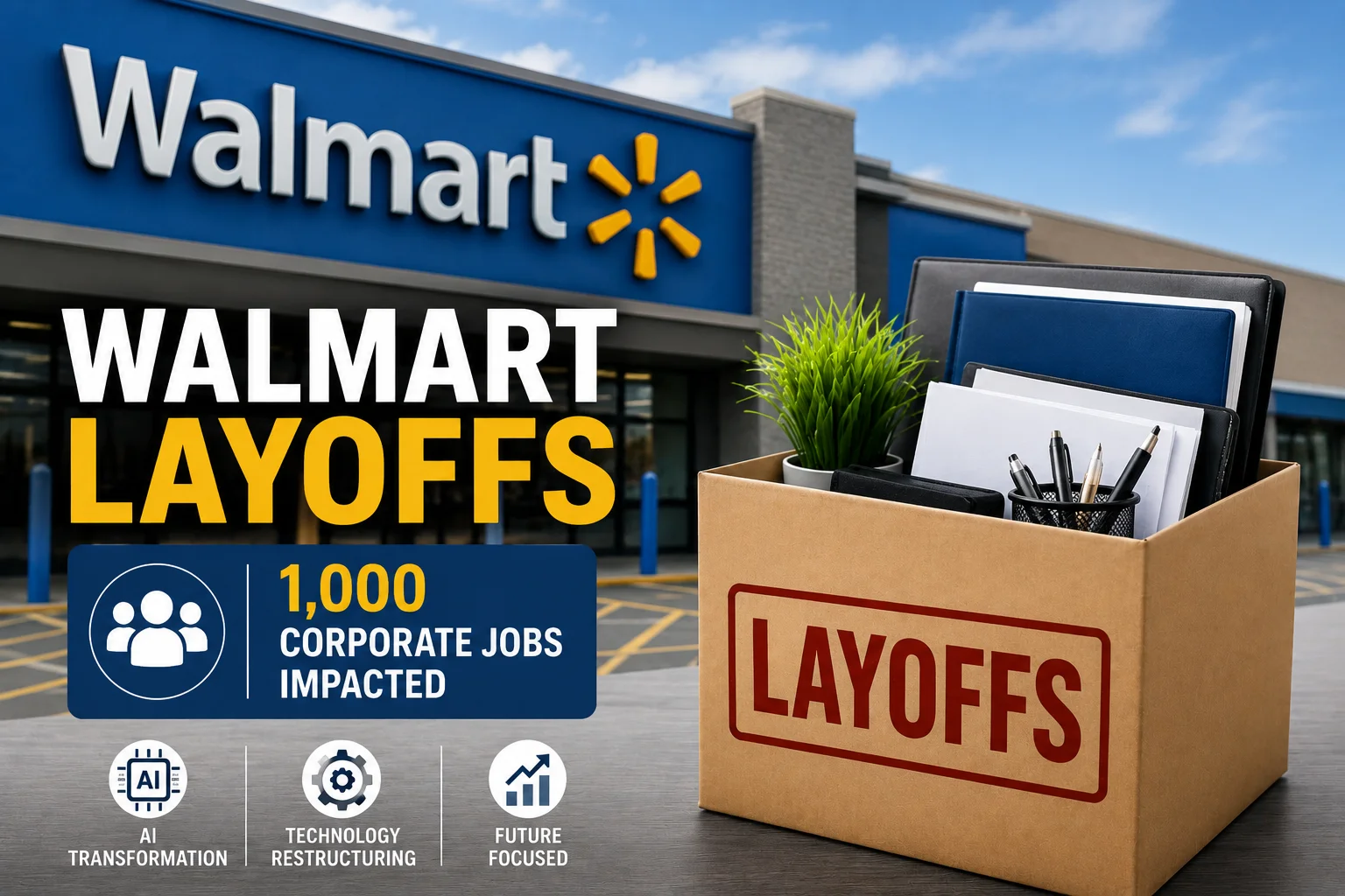 A clean professional graphic featuring the Walmart logo, the word “Layoffs,” and a corporate office box symbolising job cuts during Walmart’s AI and digital restructuring.