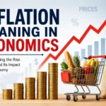 Illustration explaining inflation in economics with rising prices, increasing living costs, coins, shopping cart, and upward financial graph showing reduced purchasing power.