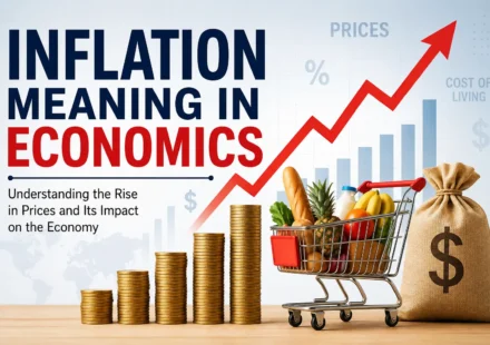 Illustration explaining inflation in economics with rising prices, increasing living costs, coins, shopping cart, and upward financial graph showing reduced purchasing power.