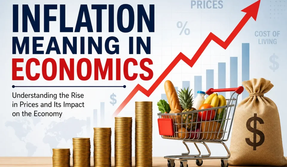 Illustration explaining inflation in economics with rising prices, increasing living costs, coins, shopping cart, and upward financial graph showing reduced purchasing power.