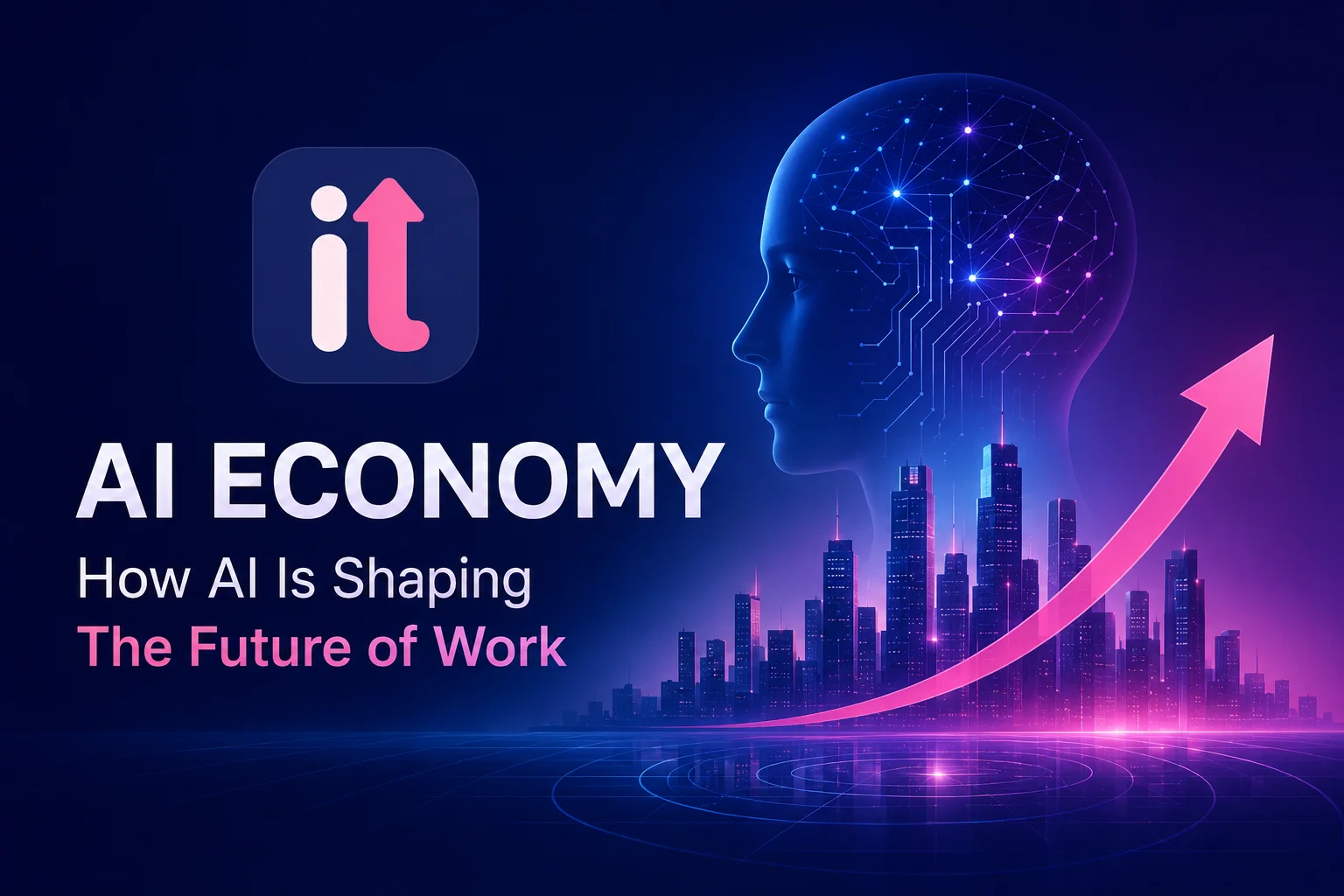 Futuristic AI economy banner showing digital human intelligence, city skyline, growth arrow, and the future of work concept.